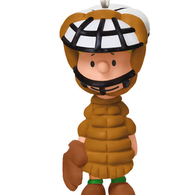 Set of two mini ornaments: Charlie Brown in baseball hat and glove, Schroeder in catcher’s gear, Hallmark Peanuts Christmas collectibles
