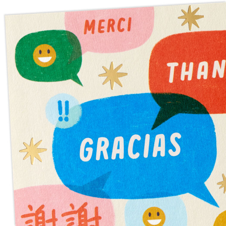 Multilingual thank you cards with colorful word bubbles and gold star foil accents, includes 10 blank notes and light blue-lined envelopes