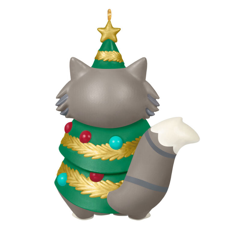 Gray-and-white tabby cat Christmas tree ornament with grumpy face, wearing festive garland and gold star

