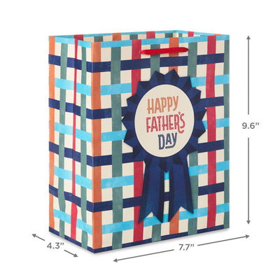 Medium Father's Day gift bag with blue award ribbon on striped basketweave background in orange, red, blue, sage, and cream.
