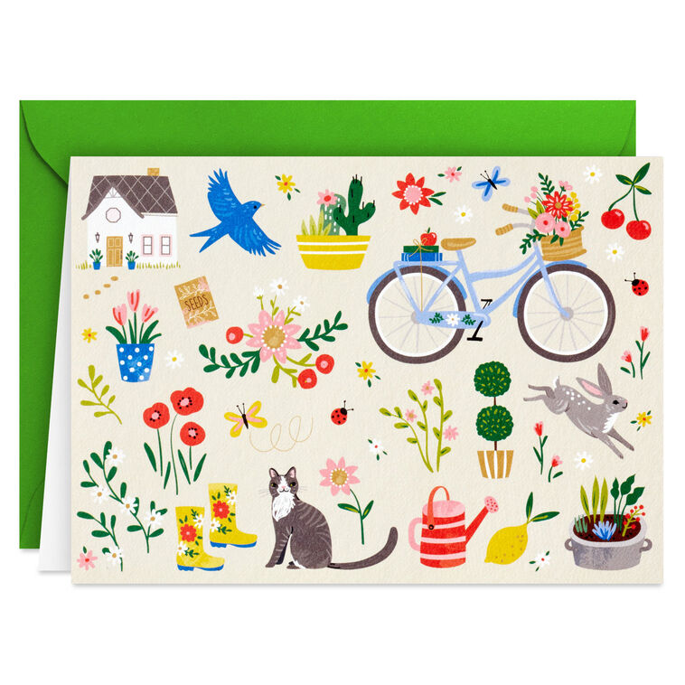Garden-themed blank note cards with flowers, bike, and house illustrations on white background, 10-pack with envelopes and matte finish.
