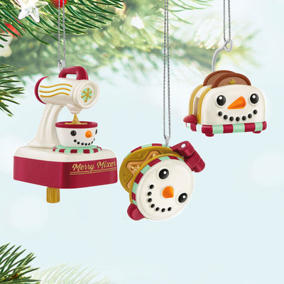 Set of three mini Christmas ornaments: snowman waffle maker, stand mixer, and toaster with snowflake designs, Hallmark Keepsake kitchen set