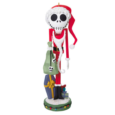 Santa Jack Skellington nutcracker ornament in red suit with moving mouth from The Nightmare Before Christmas.

