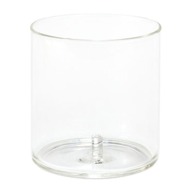 Clear plastic drinking glass with a center post for holding silicone charms; holds 15.5 oz and is dishwasher safe.