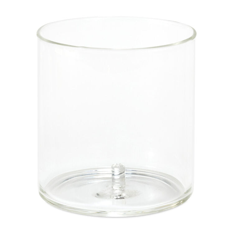 Clear plastic drinking glass with a center post for holding silicone charms; holds 15.5 oz and is dishwasher safe.