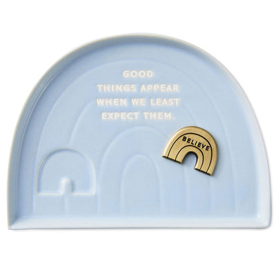 Hallmark rainbow-shaped blue ceramic trinket dish with “Believe” metal token and inspirational quote.