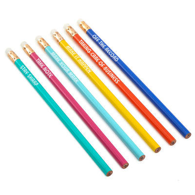 Colorful wooden pencils with motivational messages and white erasers, assorted in blue, pink, aqua, yellow, and orange.
