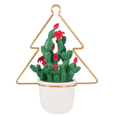 Christmas cactus ornament with red blooms in white planter and gold wire hanger, botanical holiday decor

