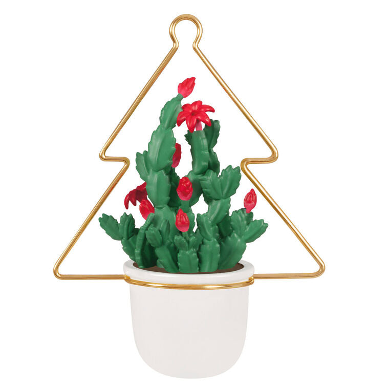 Christmas cactus ornament with red blooms in white planter and gold wire hanger, botanical holiday decor

