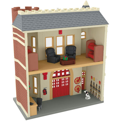 Red brick firehouse with festive garland, red door, and dalmatian dog, Hallmark Keepsake Korners Christmas ornament
