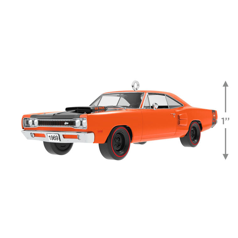 1969 Dodge Super Bee die-cast metal ornament in orange with black racing stripes, redline tires, and turning wheels.