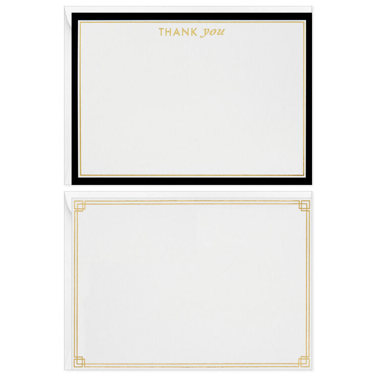 Blank flat note cards with gold lettering and black borders, includes envelopes and white caddy with black geometric lines.