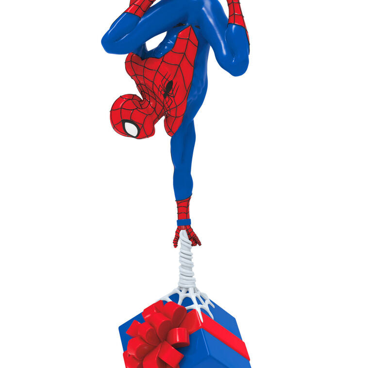 Spider-Man ornament, Marvel hero in red and blue suit, upside down, holding gift, Hallmark Keepsake Christmas decoration.
