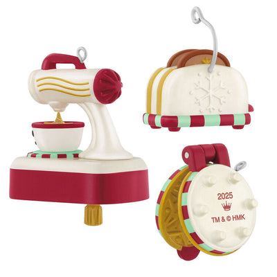Set of three mini Christmas ornaments: snowman waffle maker, stand mixer, and toaster with snowflake designs, Hallmark Keepsake kitchen set