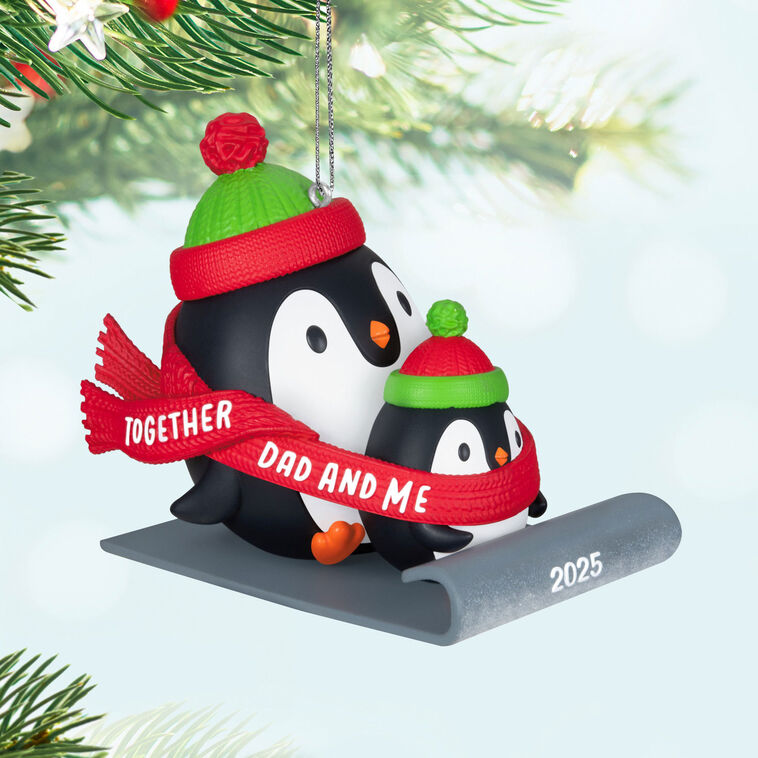 2025 Christmas ornament of dad and child penguins sledding, red scarf with sweet message, festive holiday decoration

