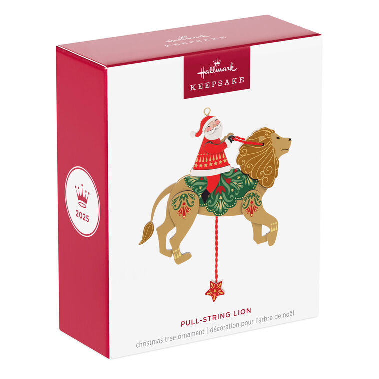 Wooden pull-string ornament of Santa riding a lion with moving reins and legs, inspired by jumping jack toys