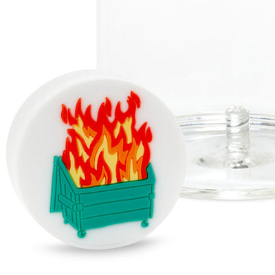 Hallmark Charmers silicone drink charm featuring a flaming dumpster design in red, yellow, and green.