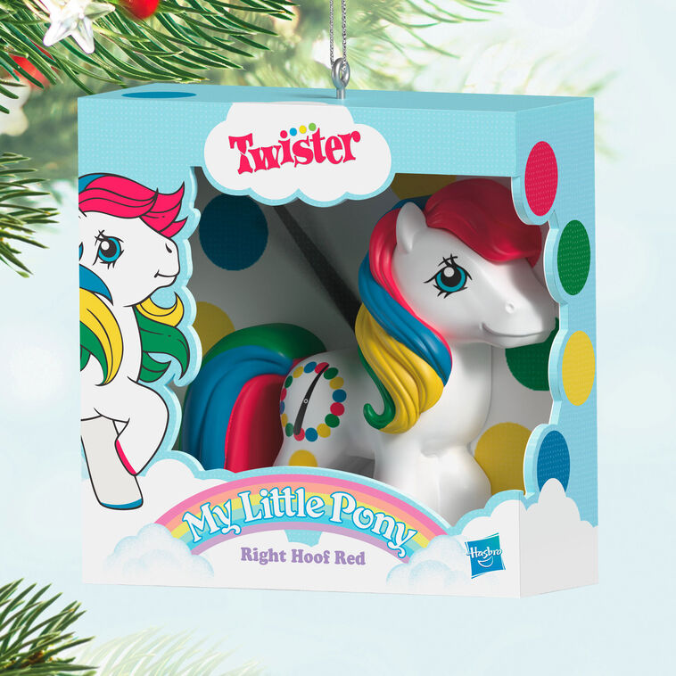 Hallmark Keepsake Hasbro My Little Pony Retro Twister Right Hoof Red ornament, white pony with rainbow mane and Twister spots.