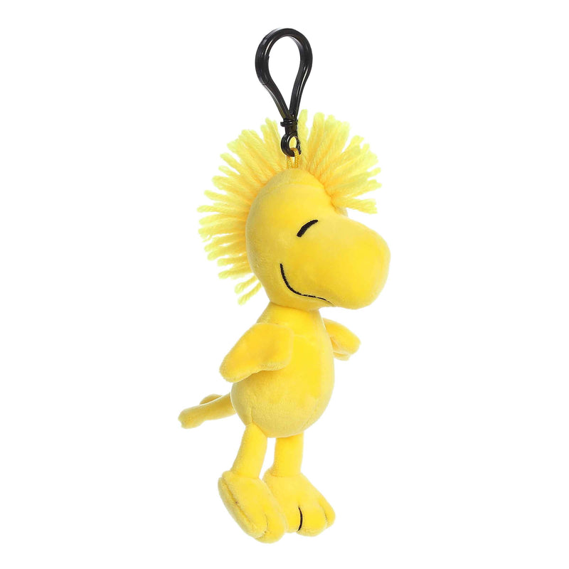 4.5" Woodstock plush keychain by Aurora, featuring the iconic Peanuts bird with soft yellow fur and a secure keyring