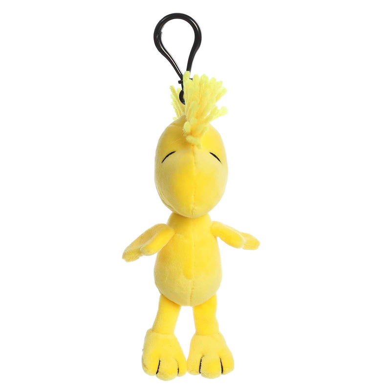 4.5" Woodstock plush keychain by Aurora, featuring the iconic Peanuts bird with soft yellow fur and a secure keyring