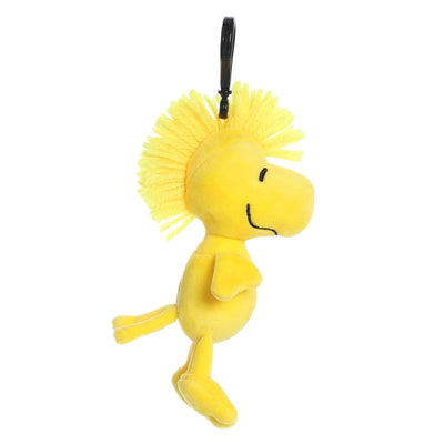 4.5" Woodstock plush keychain by Aurora, featuring the iconic Peanuts bird with soft yellow fur and a secure keyring