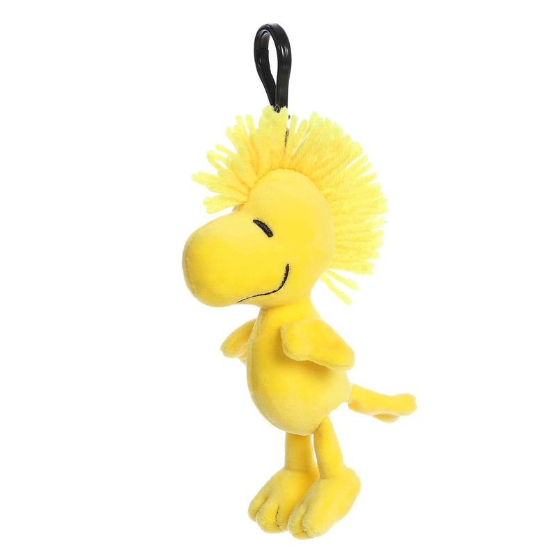 4.5" Woodstock plush keychain by Aurora, featuring the iconic Peanuts bird with soft yellow fur and a secure keyring