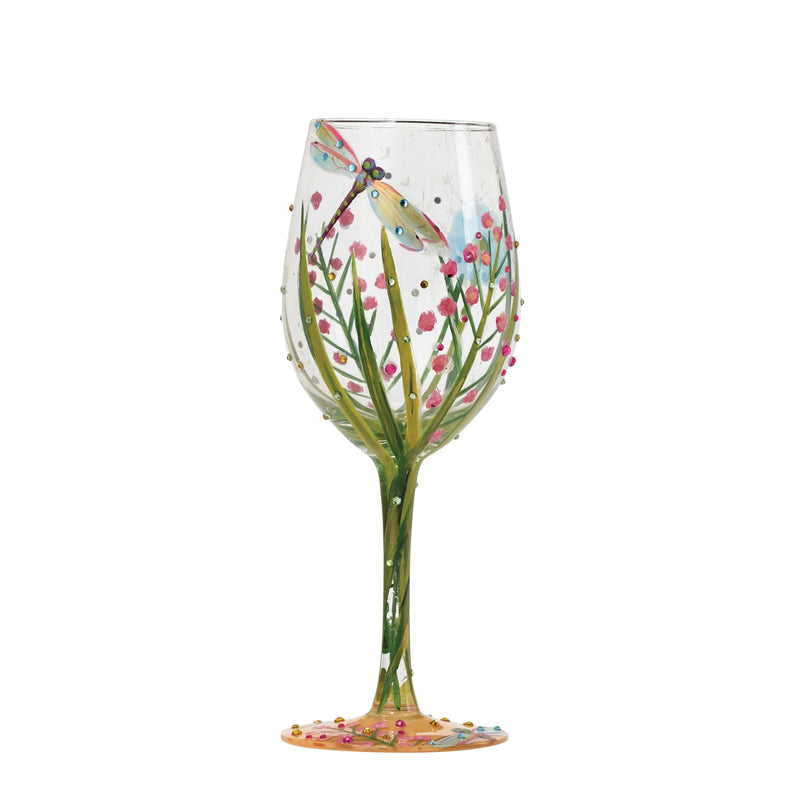 Hand-painted summer wine glass with dragonfly design, bright colors, and crystal accents; holds 15 oz.


