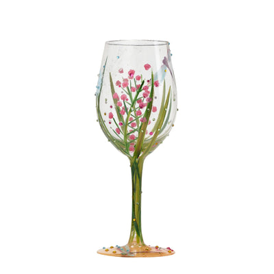 Hand-painted summer wine glass with dragonfly design, bright colors, and crystal accents; holds 15 oz.

