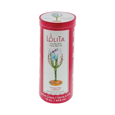 Hand-painted summer wine glass with dragonfly design, bright colors, and crystal accents; holds 15 oz.


