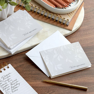 Soft white leaves and branches on cream sympathy cards with embossed message, includes 10 blank cards and envelopes