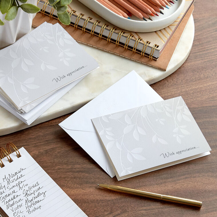 Soft white leaves and branches on cream sympathy cards with embossed message, includes 10 blank cards and envelopes