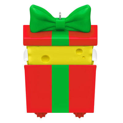 SpongeBob SquarePants ornament, yellow character in red gift box with green bow, Hallmark Keepsake, Christmas tree decoration.
