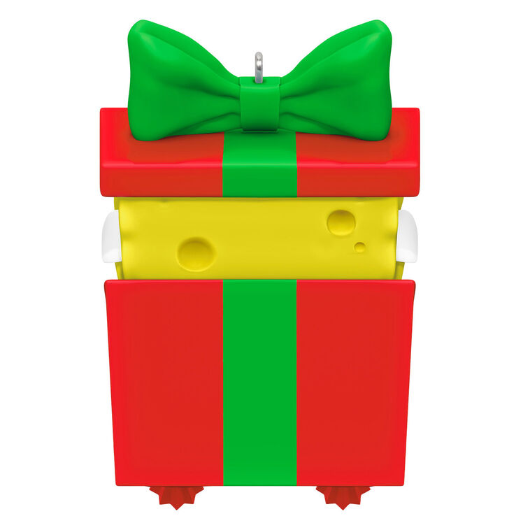 SpongeBob SquarePants ornament, yellow character in red gift box with green bow, Hallmark Keepsake, Christmas tree decoration.