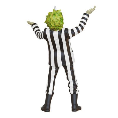 Mini Beetlejuice ornament with wild green hair and black-and-white striped suit, arms raised in playful pose.