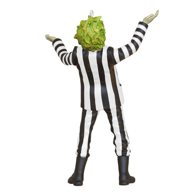 Mini Beetlejuice ornament with wild green hair and black-and-white striped suit, arms raised in playful pose.