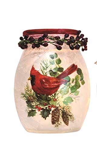 Pine Boughs & Cardinal Small Glass Lighted Vase