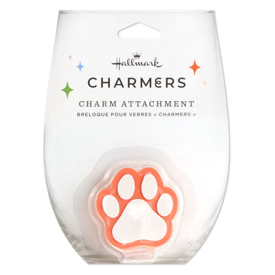 Orange and white paw print silicone drink charm, fits in Charmers glasses; great for pet lovers, adoptions, or vet gifts.