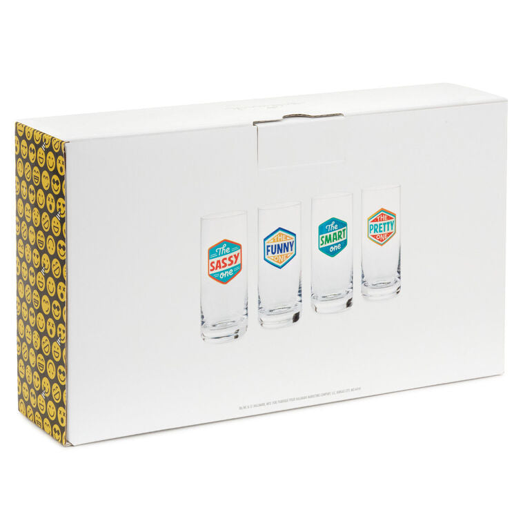 Set of four tall drinking glasses with colorful text: The Sassy One, The Funny One, The Smart One, The Pretty One.