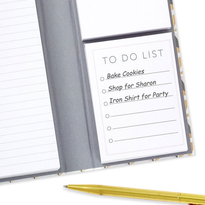 Memo pad folio with blush, pink, gray, and gold geometric cover, includes lined and blank note pads inside.
