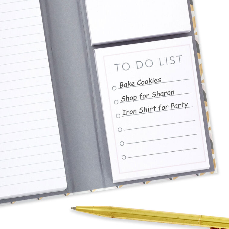 Memo pad folio with blush, pink, gray, and gold geometric cover, includes lined and blank note pads inside.
