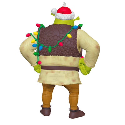 Shrek ornament with Santa hat and tangled Christmas lights around his chest and arms