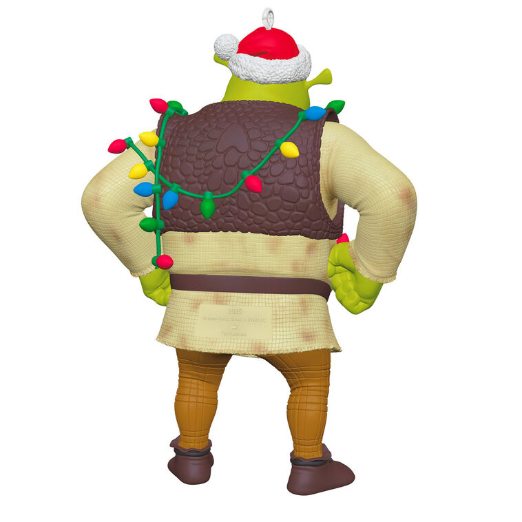Shrek ornament with Santa hat and tangled Christmas lights around his chest and arms