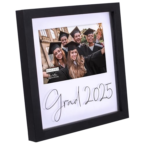 Black shadowbox photo frame with “Grad 2025” screenprinted on glass, holds 4x6 photo with white beveled mat.

