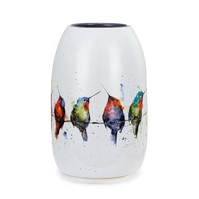 White ceramic vase with a painting of blue chickadees perched on a black wire.