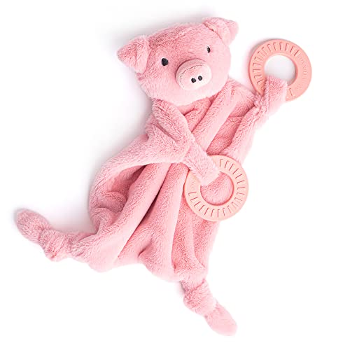 Adorable Penny the Pig teether with rattling head, soft plush body, and textured silicone teething rings.