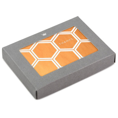 Thank you cards with copper foil hexagon pattern and white outlines, includes 10 blank cards and white envelopes in a gray gift box