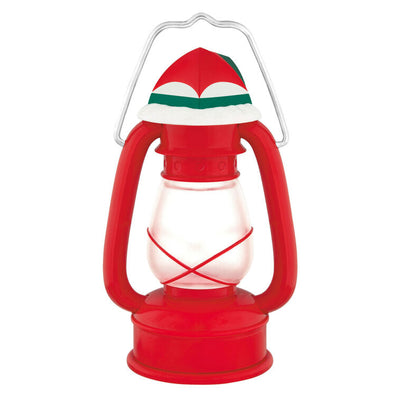 Vintage red lantern ornament topped with red and green tent, retro camping holiday decor

