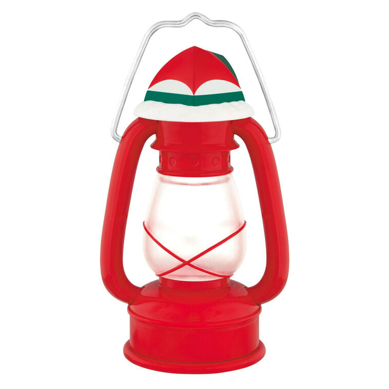Vintage red lantern ornament topped with red and green tent, retro camping holiday decor

