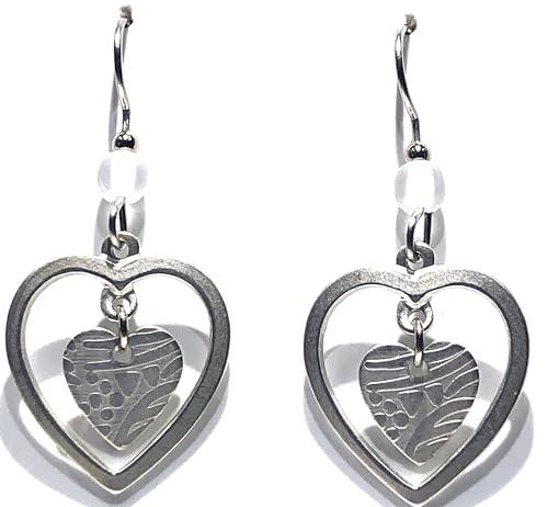 Silver Forest heart in open heart pierced earrings with pearlessence white bead and surgical steel ear wires, handcrafted in the USA.