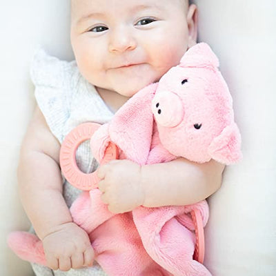 Adorable Penny the Pig teether with rattling head, soft plush body, and textured silicone teething rings.